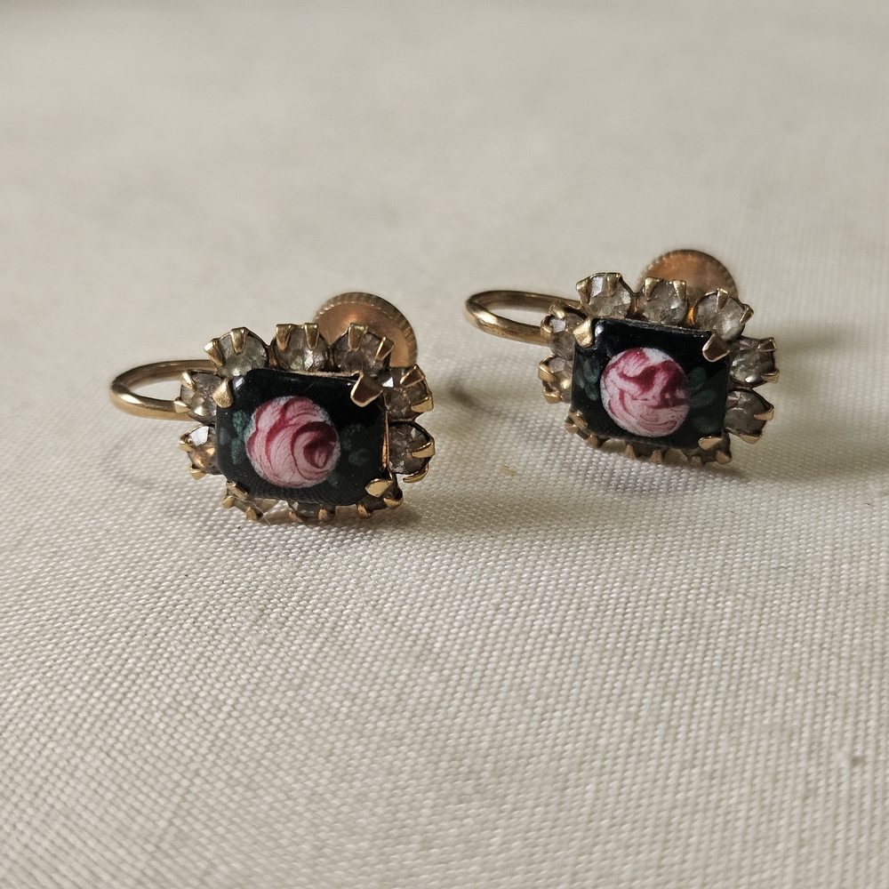 Vintage Gold-Tone Rose Porcelain Drop Earrings with Rhinestone Halo